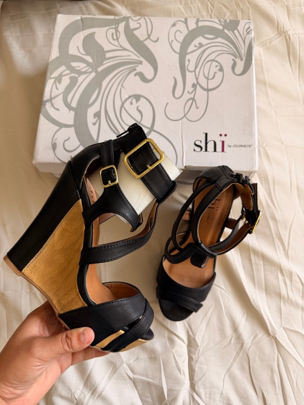 Y2K - Shi Black and Tan Strappy Wedge Sandals with Gold Buckles